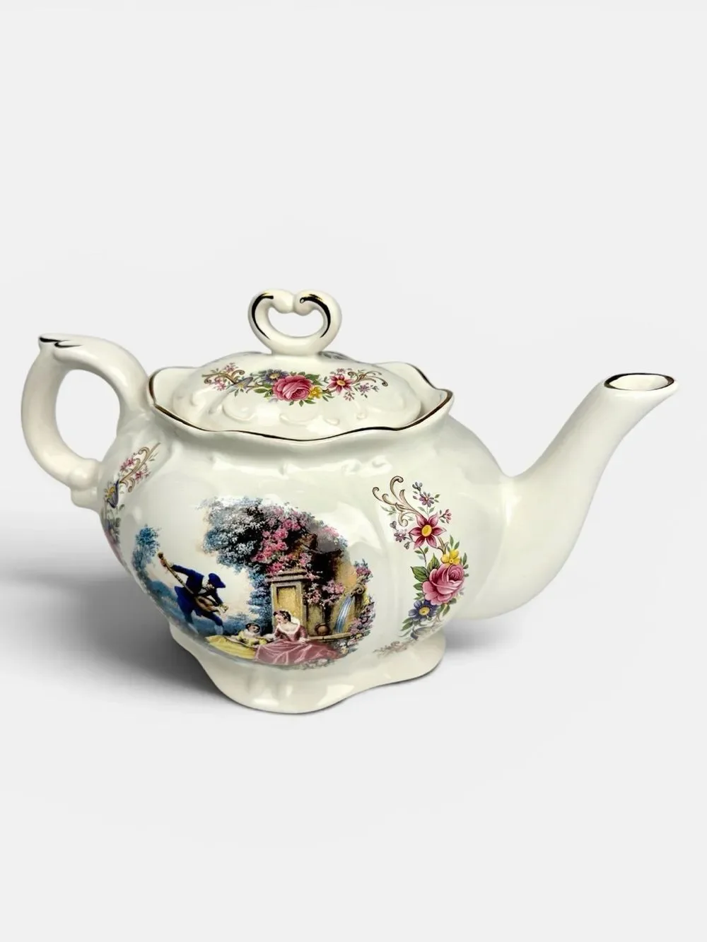 Caledonia Staffordshire England Teapot Floral Courting Scene Gold Trim 6 Cups